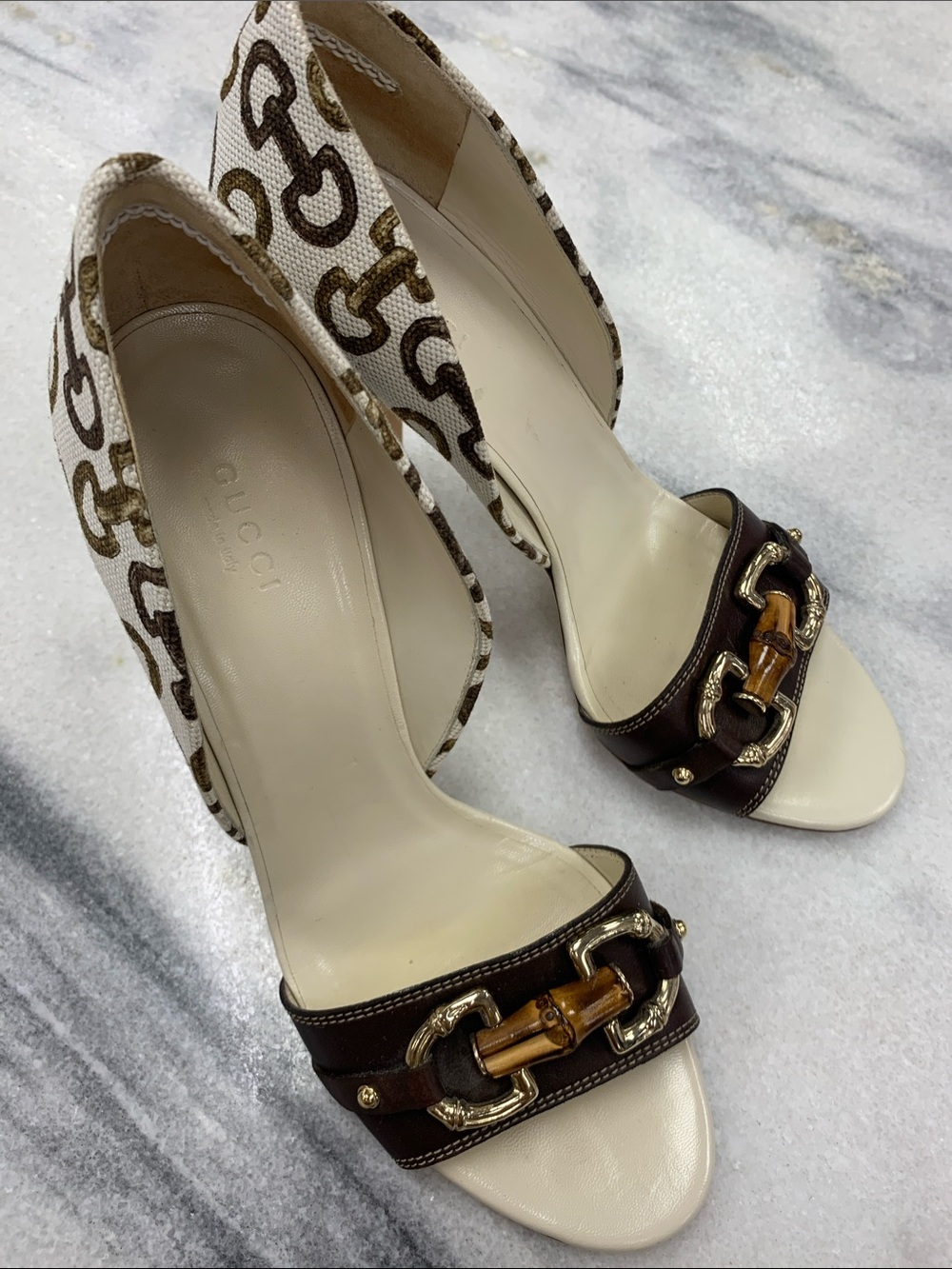 Gucci Chocolate BrownLeather Open-Toe Heels with White Brown Monogram Canvas 9